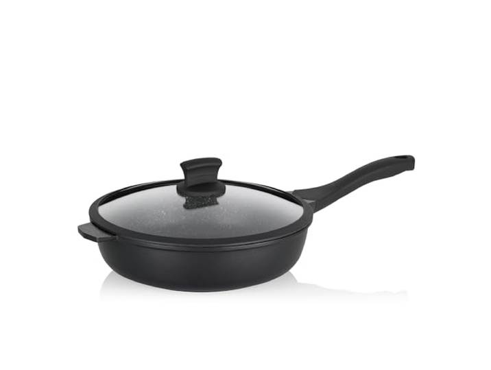 kela Schmorpfanne hoher Rand, 28 cm, Stella Nova, Oil Control System Aluguss beschichtet, Anbraten, Garen oder Schmoren, Softtouchgriff, Paella Pfanne mit Glasdeckel, Induktion