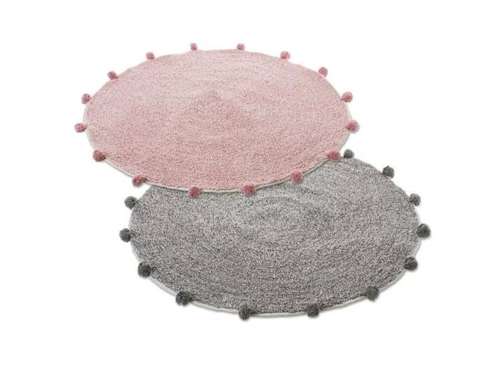 Lot de 4 tapis rond avec pompons moquette en coton coloris gris-rose - Diamètre 80 cm -JUANIO