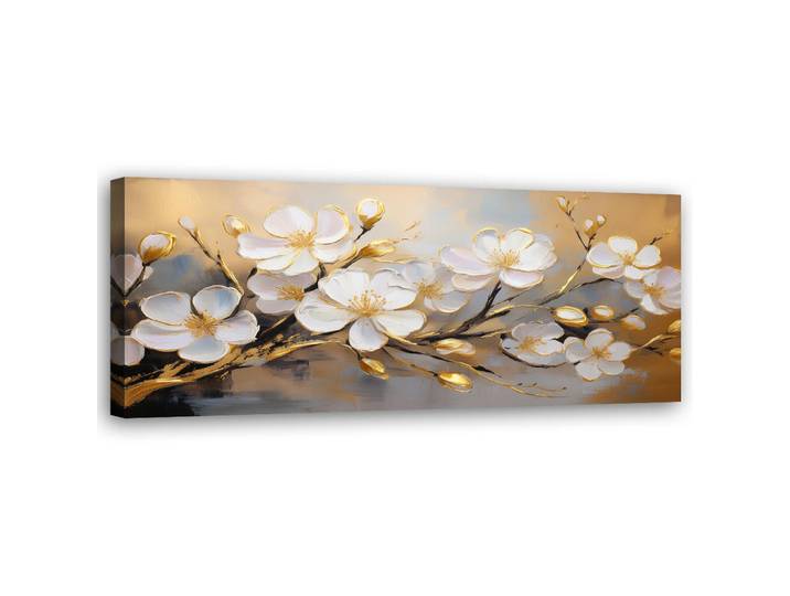 Feeby Wandbild moderne weiße blumenpflanzen zweig, Goldfarben, Floral, Rechteckig, 90x30 cm, Bilder & Rahmen, Bilder, Leinwandbilder