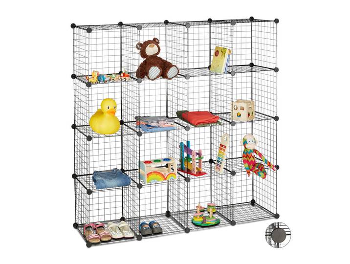 Relaxdays Steckregal Schwarz Drahtgitter 16-Fächer 35x35 cm, Kunststoff, Metall, 145x145x36.5 cm, Wohnzimmer, Regale, Bücherregale
