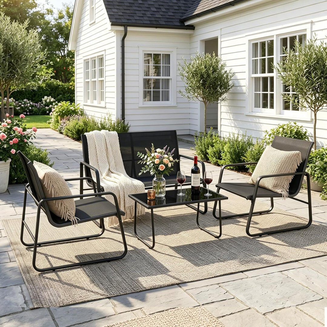 HaxvinUK Garden Furniture Set, Metal Frame Patio Conversation Set With Loveseat Black 4