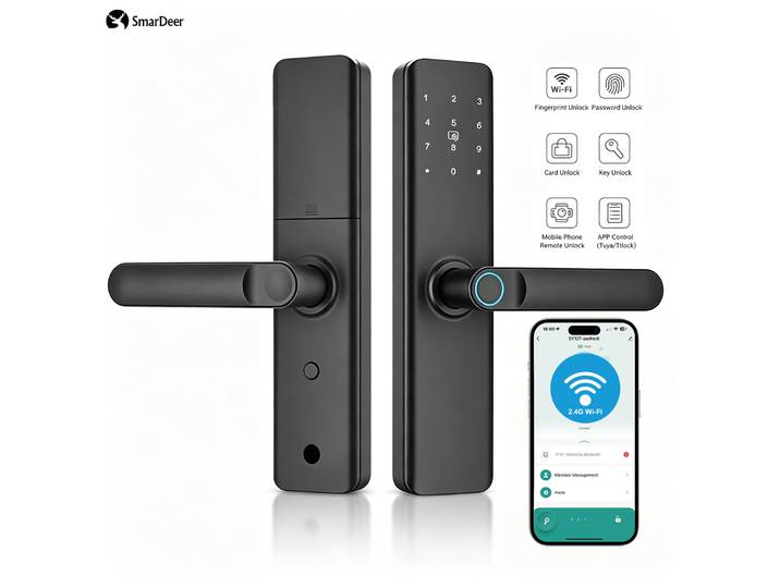 Serrure de porte intelligente 5-en-1 SmarDeer pour intérieur, serrure à empreintes digitales Tuya WIFI, serrure de porte électronique intelligente sans clé pour la maison