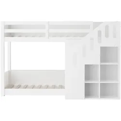 STILVORA Etagenbett Kiefernholz Weiß 90x200 cm mit Stauraumtreppe, Geländer und 2 Liegeflächen