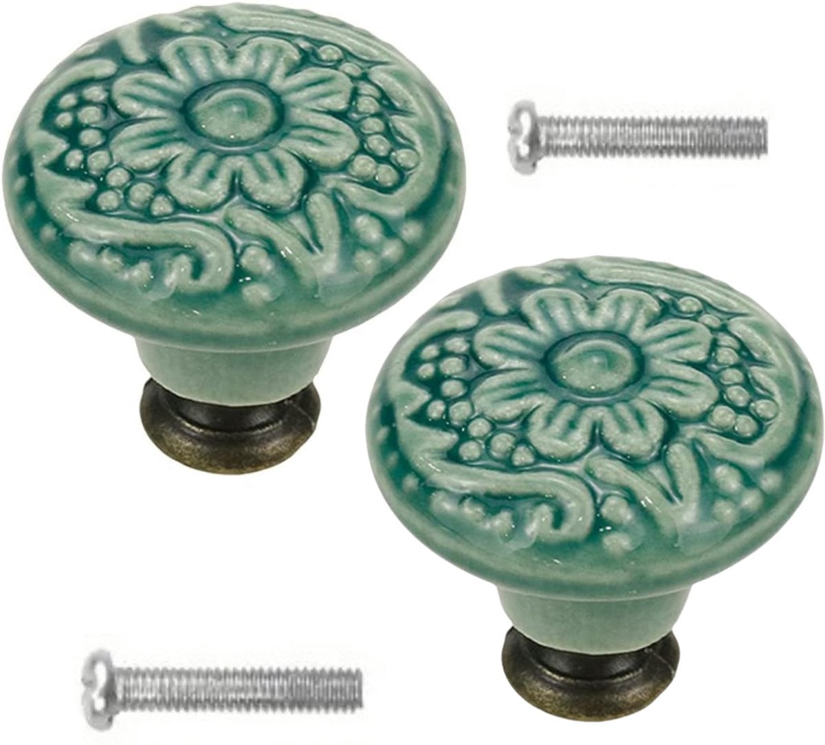 Winkrs Meubelknoppen Set Groen Keramiek Rond met Bloem - 2x Kastknop met schroef - Vintage/Antiek handgreep voor deur en lade