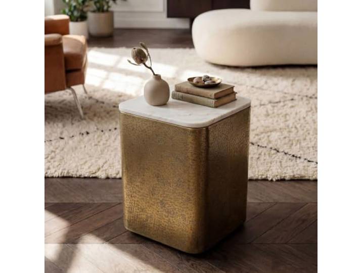 möbelando freiraum Beistelltisch Marmor Weiß Gold, 33 x 33 x 47 cm, runder Säulentisch aus indischem Naturstein & Metall, Kleiner Sofatisch montiert