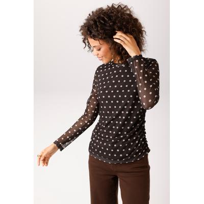 Langarmshirt ANISTON CASUAL, Damen, Gr. 36, schwarz-weiß (dunkelbraun, beige), Netz, Obermaterial: 95% Polyester, 5% Elasthan. Futter: 100% Polyester, bedruckt, gepunktet, figurbetont hüftlang, Rundhals, Shirts Langarmshirt, mit Raffungen an den...