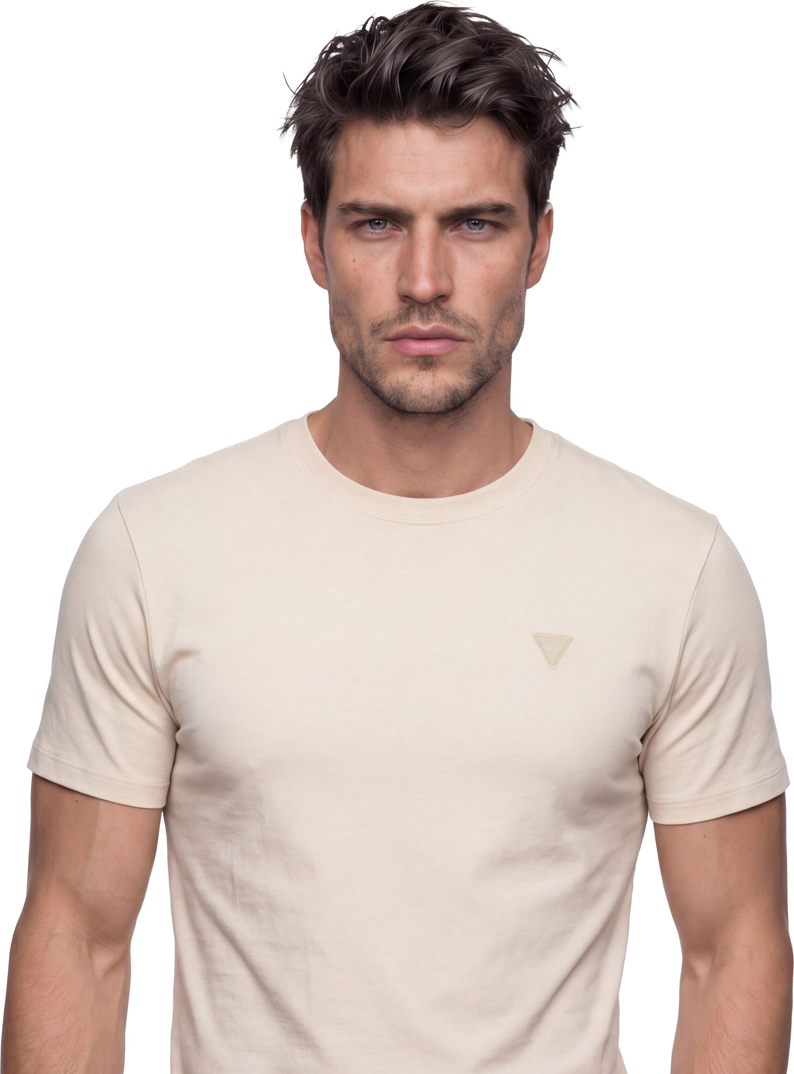 T-Shirt GUESS "HEDLEY", Herren, Gr. S, beige (creme brulee), Single Jersey, Obermaterial: 48% Baumwolle, 47% Modal, 5% Elasthan, unifarben, regular fit normal, Rundhals, abgesteppte Kante, Shirts T-Shirt, Regular Fit, Rundhalsausschnitt
