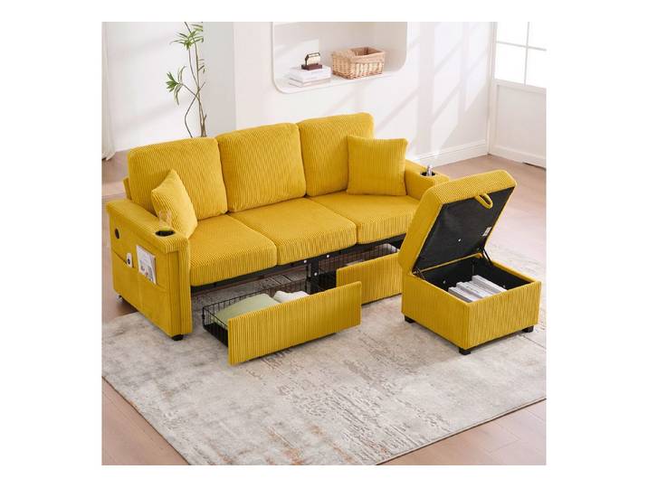 Odikalo 3-Sitzer Speichersofa Schlafsofa mit USB Staufuß+Getränkehalter für Wohnzimmer