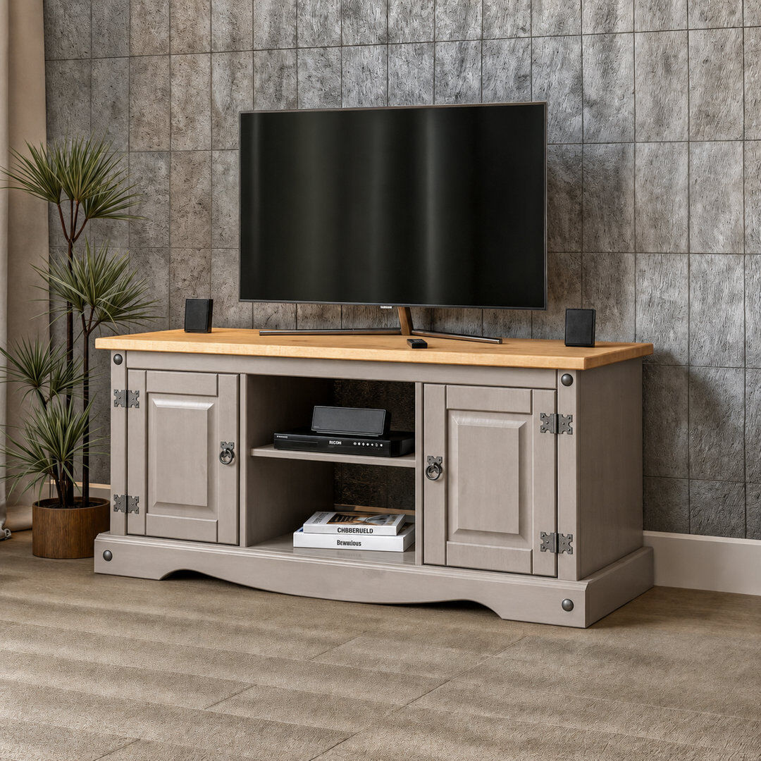 17 Stories Corona Grey TV Stand 2 Door 1 Shelf Mexican Solid Pine Television Flat Screen Gray 50"
