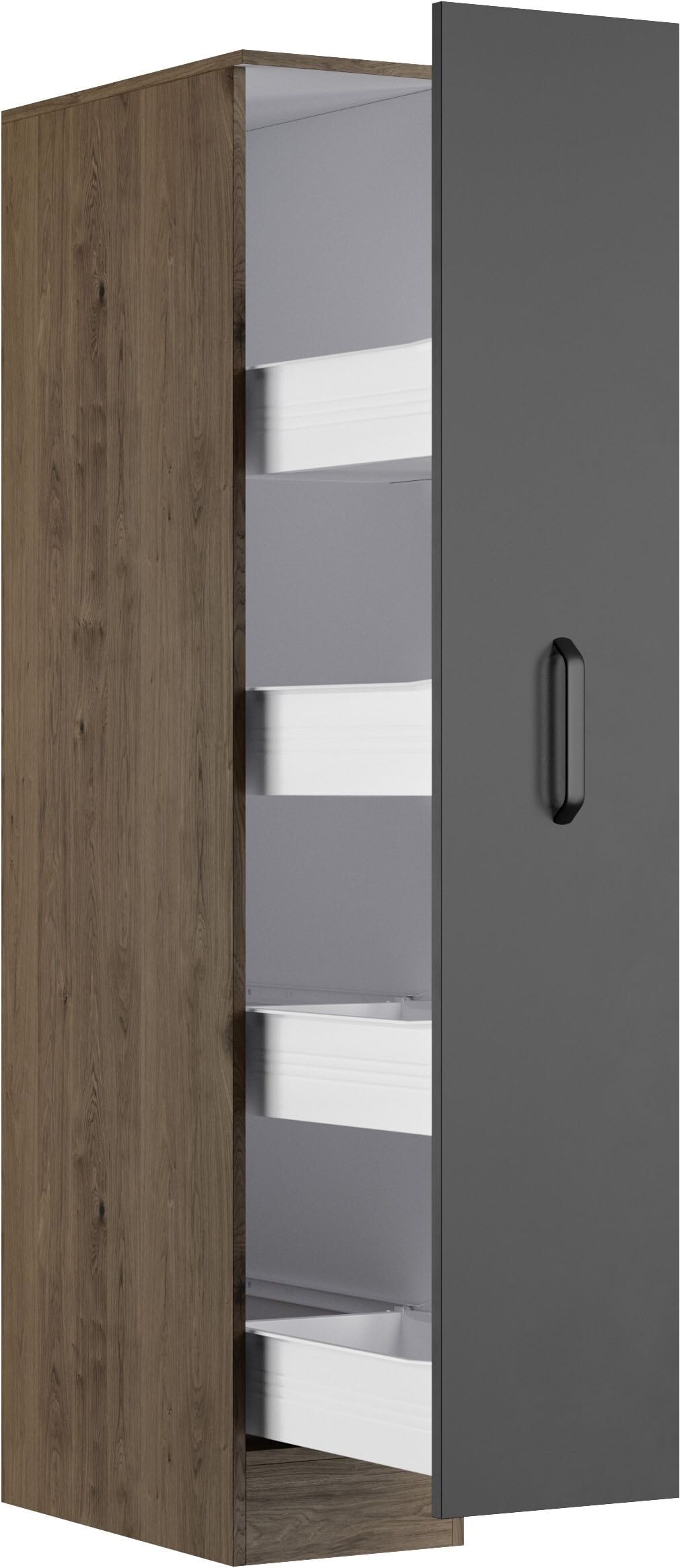 Apothekerschrank WIHO KÜCHEN "Elba, Breite/Höhe: 30/165 cm", schwarz (front: schwarz, korpus: halifax eiche braun), B:30cm H:165cm T:57cm, Holzwerkstoff, Schränke, Apothekerschrank, mit 4 Ablagekörben front: schwarz, korpus: halifax eiche braun B/H/T: 30c
