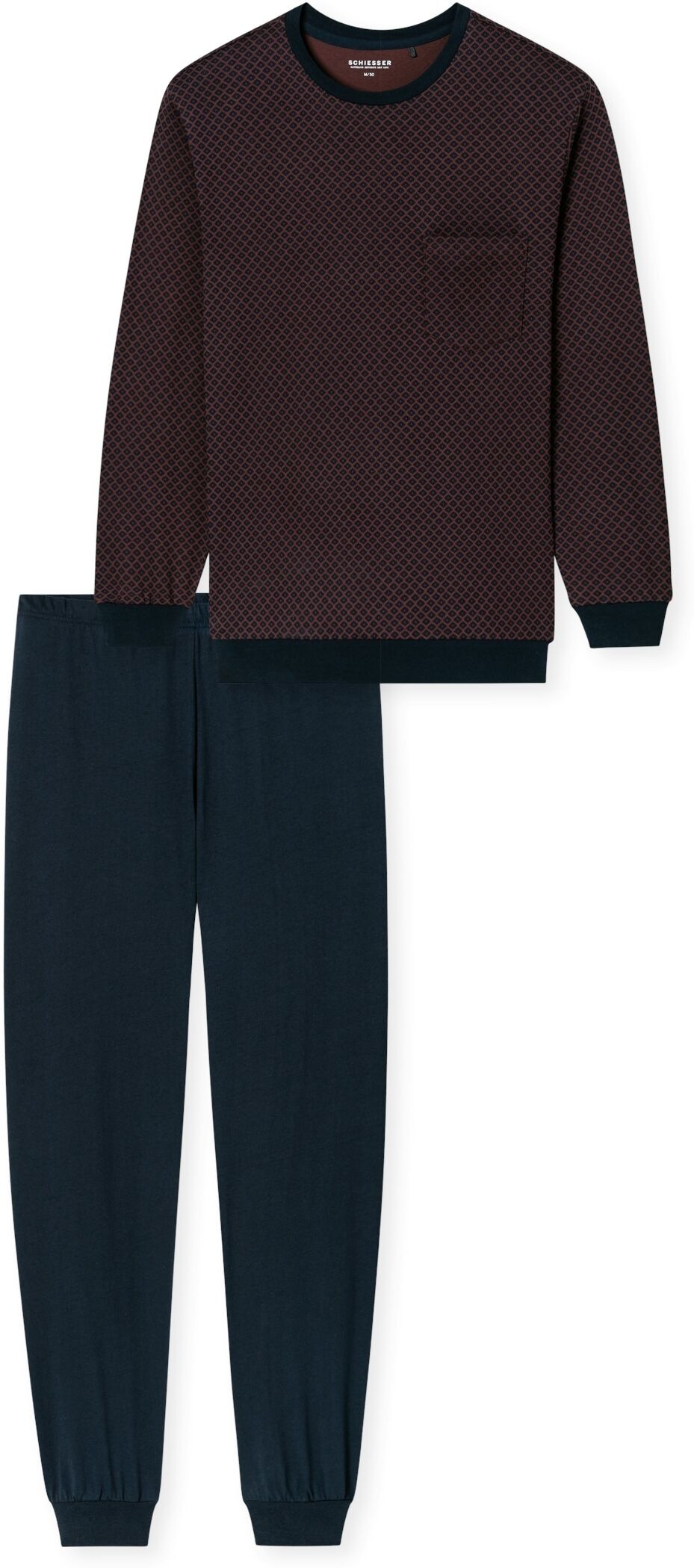 Schlafanzug SCHIESSER "Comfort Essentials", Damen, Gr. 56, rotbraun, Single Jersey, Obermaterial: 100% Baumwolle, bequem lang, Rundhals, Homewear-Sets Schlafanzug, mit angenehmen Bündchen rotbraun 56