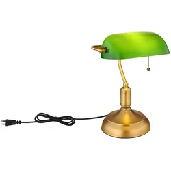 LED Schreibtischleuchte Bankerlampe Tischlampe altmessing Glas grün Leseleuchte, Schirm schwenkbar, Zugschalter, 10,5W 1055lm warmweiß, LxH 26,5x36 cm