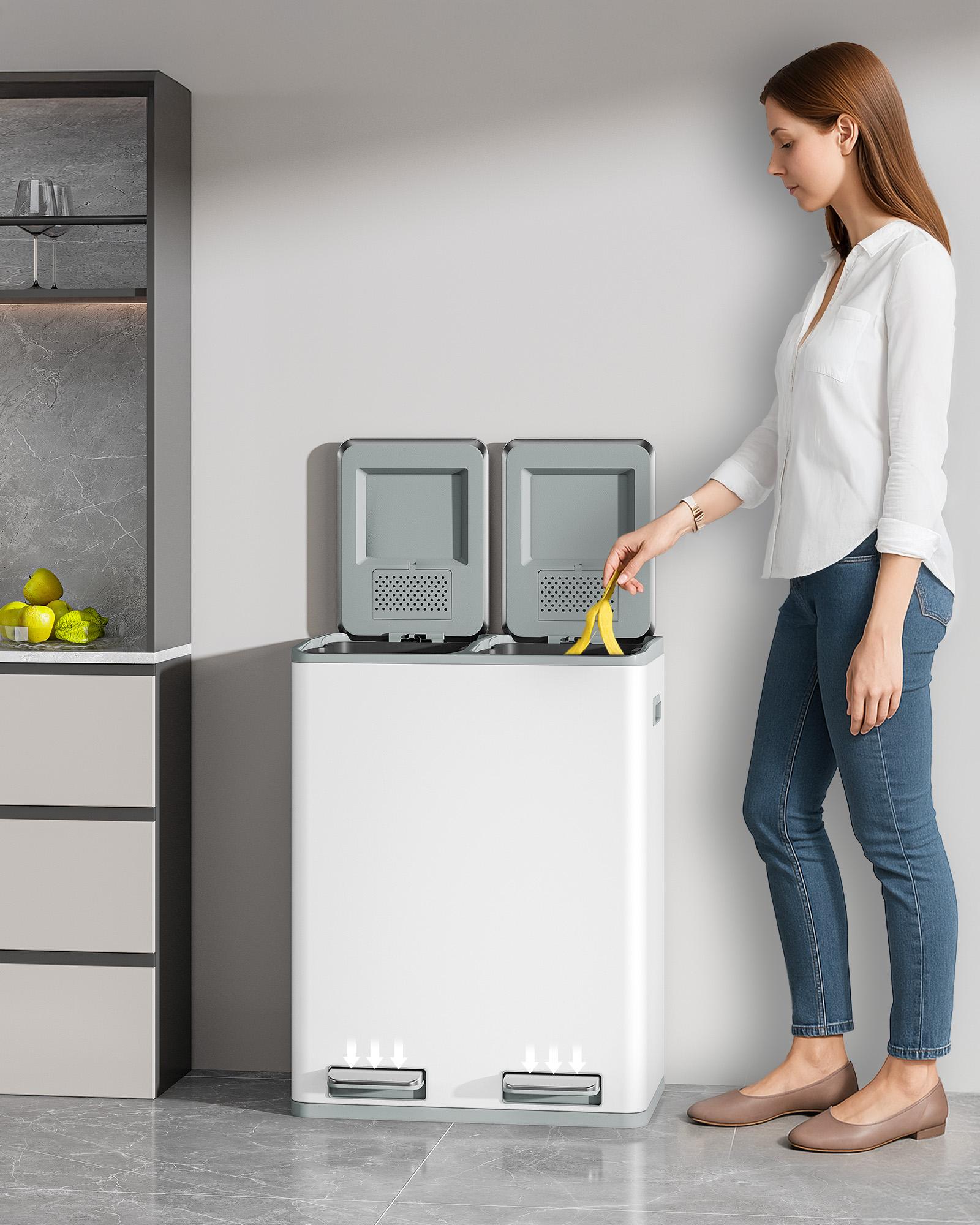 Mülleimer mit Pedal - Weiß - 2 x 30 Liter Fassungsvermögen - Edelstahl - Mülltrennsystem