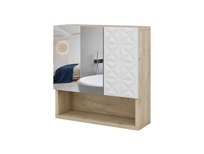 Vicco Badspiegelschrank Edge Weiß 54 x 55 cm mit Tür und offenen Fächern, Holzwerkstoff, 3 Fächer, Rechteckig, 54x55x17 cm, Badezimmer, Badezimmerspiegel, Spiegelschränke