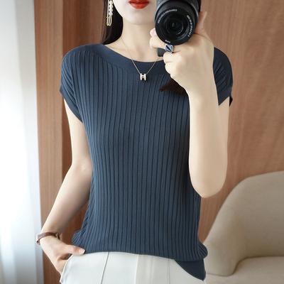 Lush Living Finds Korean Style Striped Knit Slash Neck Women T Shirt Slim Fit Spring Summers blue Grey xl