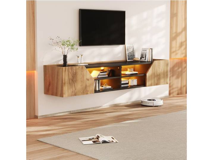 WOVREO Meuble TV mural suspendu 180 cm noir et décor bois LED RGB Bluetooth 2 portes 6 rangements