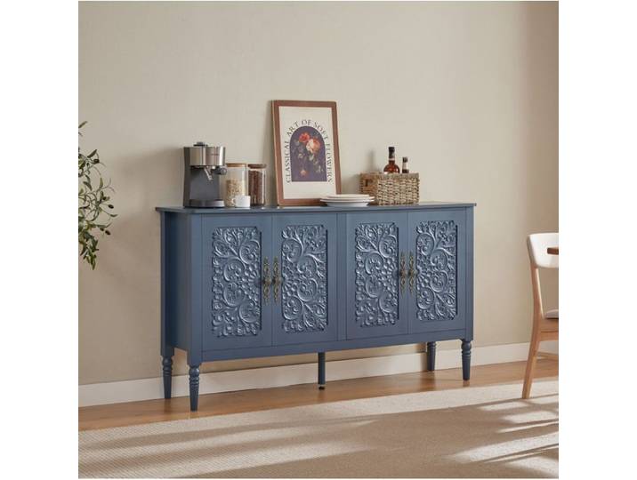 WOVREO Buffet bas 160 cm bleu marine 4 portes en relief sculpté rétro panneaux de particules pieds tournés