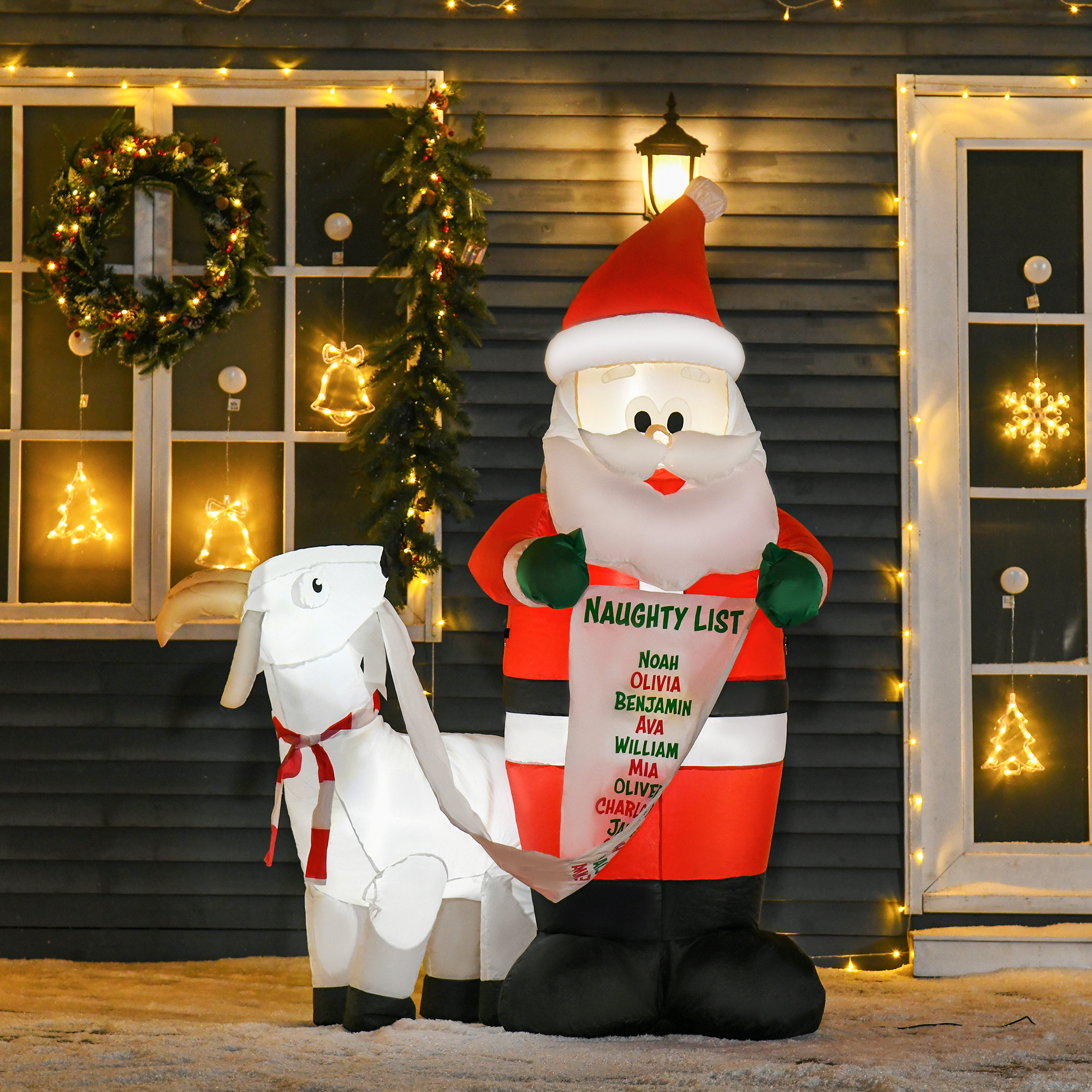Homcom Babbo Natale Gonfiabile con Capretta e Luci LED Integrate per Esterno 135x85x180cm Aosom