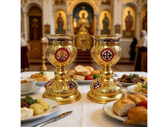 Nouveau Calice de Communion Orthodoxe Plaqué Or avec Reliefs d'icônes Émaillées pour l'Utilisation dans l'Altier de l'Église Chrétienne, la Liturgie et les Cérémonies Eucharistiques