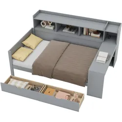 OKWISH Schlafsofa 90x200 mit Stauraum, Schreibtisch, USB-Anschluss und Schubladen, platzsparend, multifunktional, elegantes Design, Grau