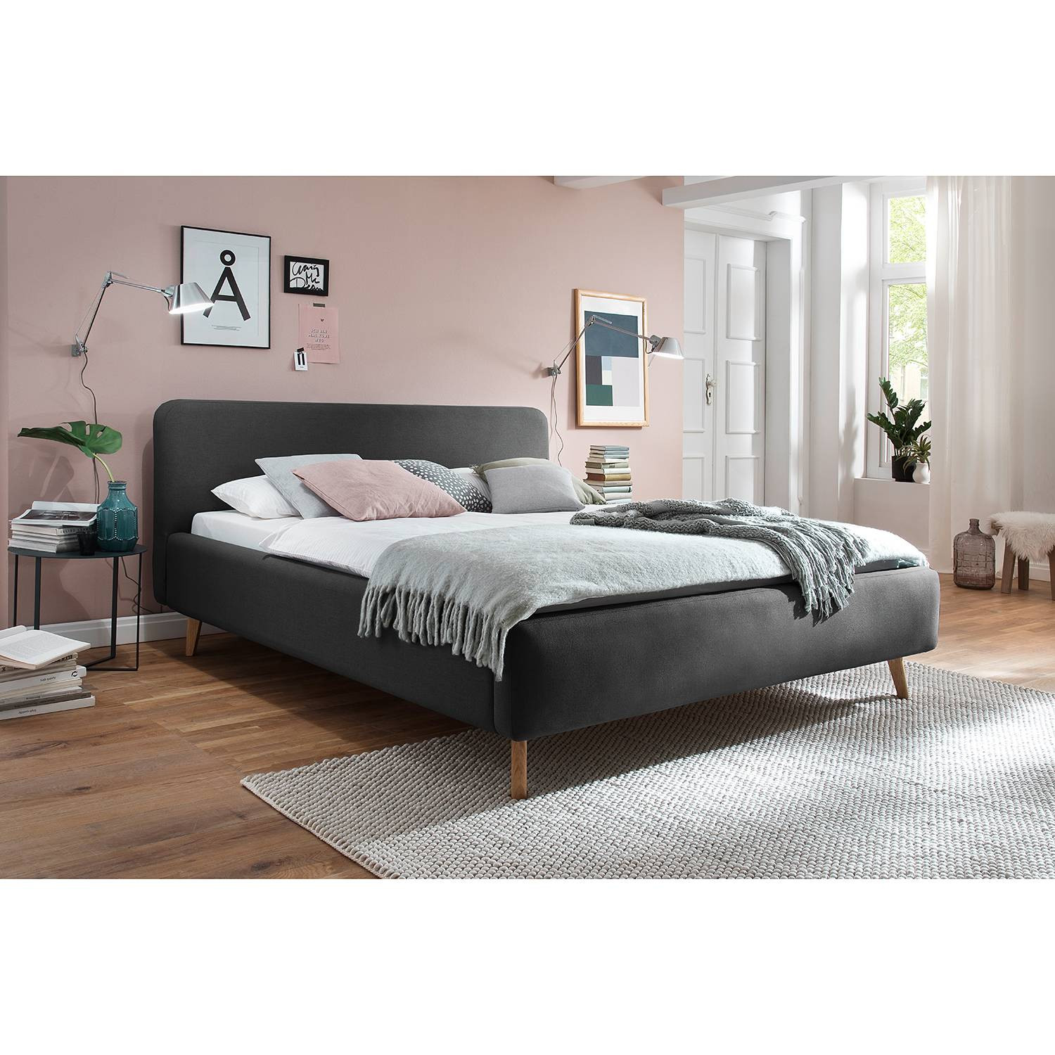 home24 Asha Gestoffeerd bed met eikenhout, grijs/antraciet, 160 x 200 cm