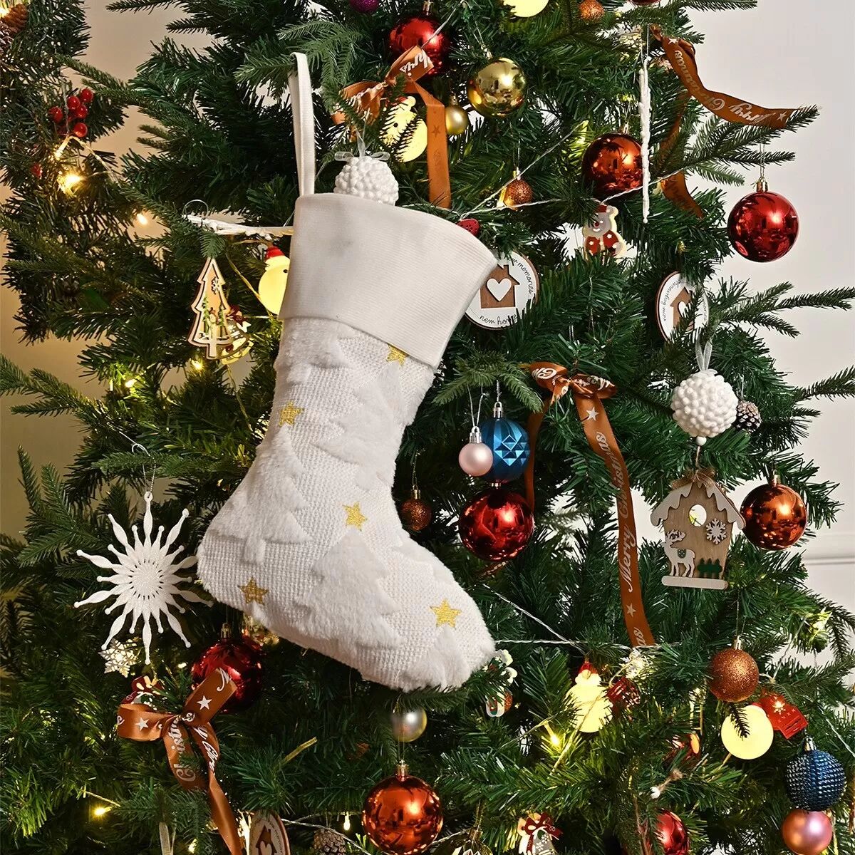 INF Chaussette de Noël Blanche Cinq Étoiles - Décoration de Fête en Peluche Brodé