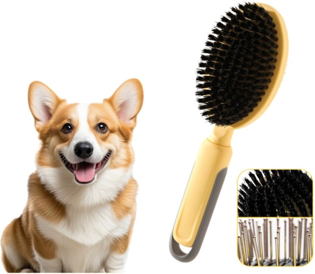 INF Selbstreinigende doppelseitige Haustierbürste für Hunde und Katzen – ABS + Edelstahl, Entfilzen und Massage Gelb