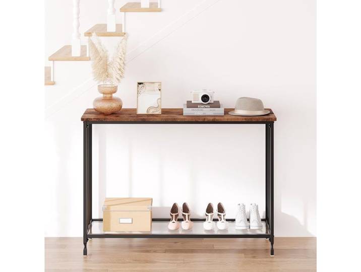Table Console étroite Console Meuble 2 Niveaux avec étagère en Verre Structure en métal Style Moderne Industriel Marron Rustique