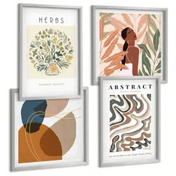 BILDER SET 4er Set - 50x50 cm & 40x60 cm Silberner Rahmen - Boho-Ästhetik, Pastellposter
