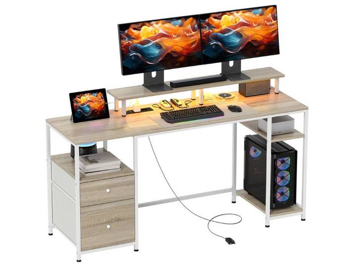 Bureau gaming en fibre de carbone avec LED 110x50 cm prises étagères et télécommande noir SET DE BUREAU
