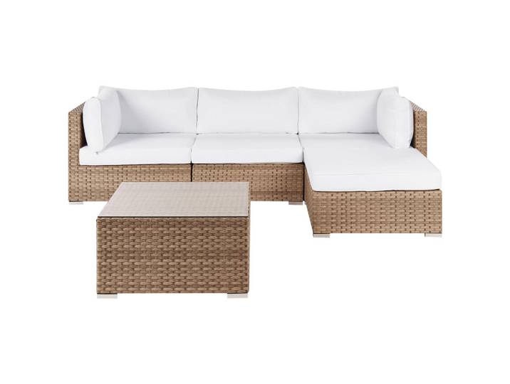 Beliani Lounge-Set 4-Sitzer Naturfarben Sano, Weiß, Naturfarben, Kunststoff, L-Form, Gartenmöbel, Gartengarnituren, Gartenmöbel-Sets