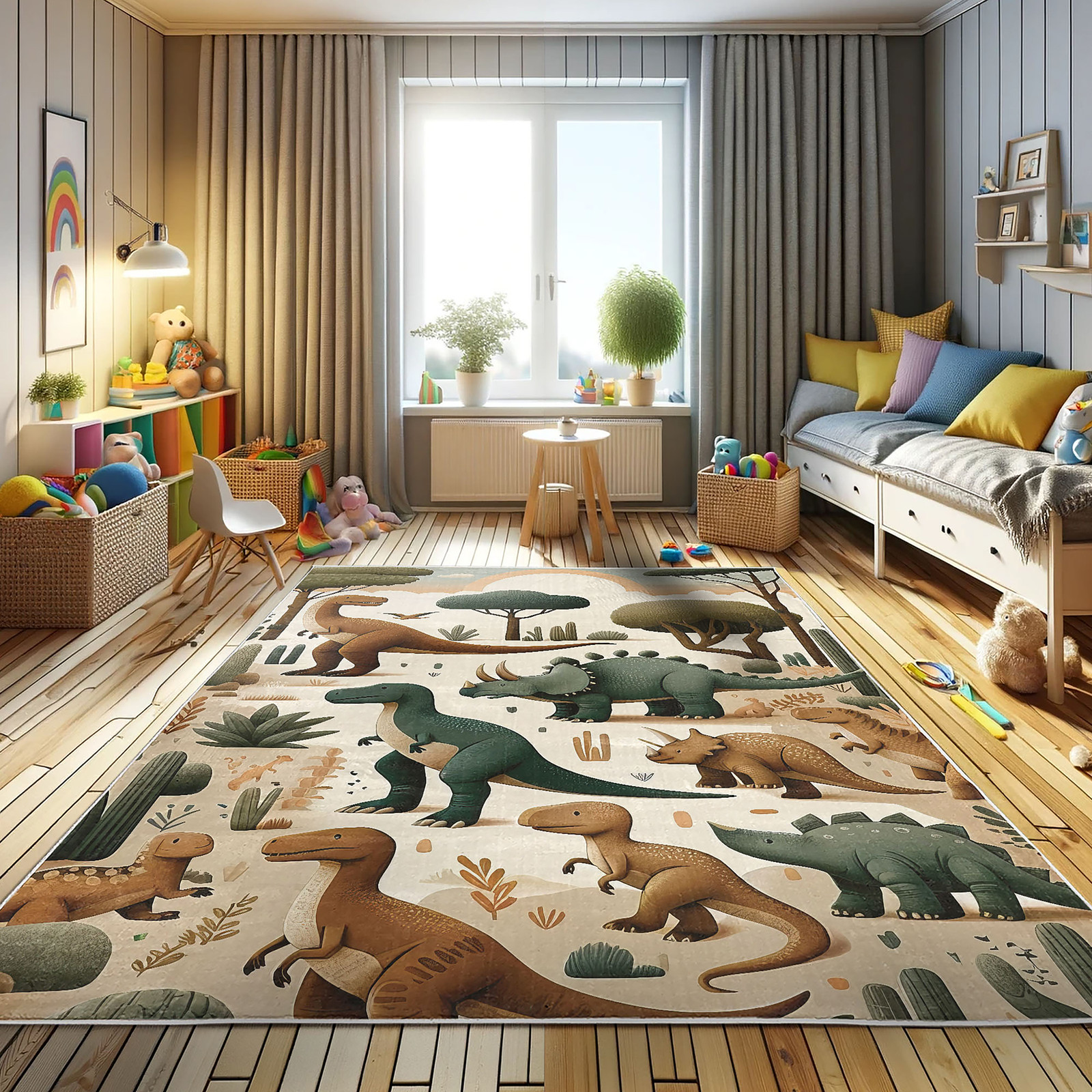 home24 Laagpolig vloerkleed Dinos voor de kinderkamer, meerkleurig, B: 122 cm, L: 170 cm, polyester