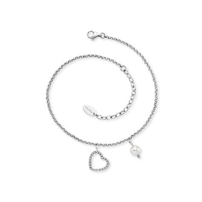 Fußkette ENGELSRUFER "Herz", silber (edelstahlfarben, weiß), Fußketten, Damen, Edelstahl Perlen, Edelstahl, Perlen, Made in Germany - mit Süßwasserzuchtperle