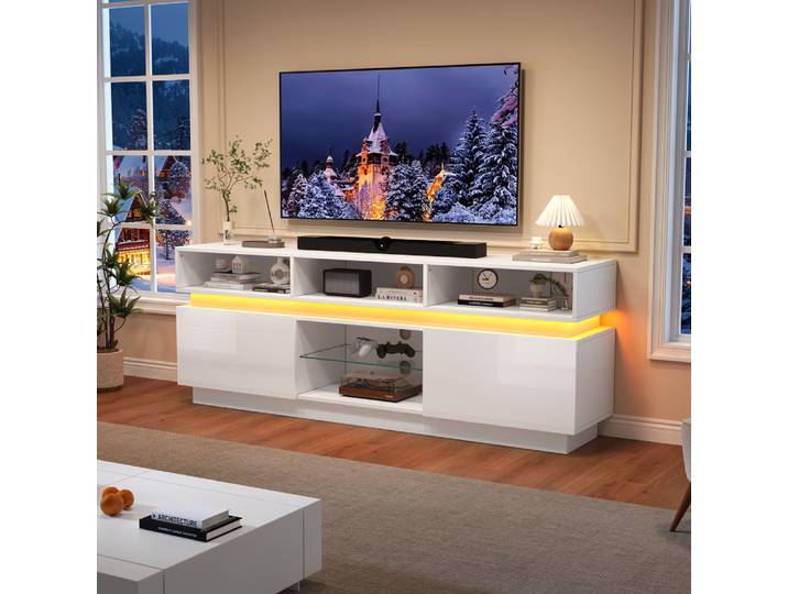 Meuble TV 160*35*60cm, meuble TV LED brillant avec plaque en verre trempé, adapté pour téléviseur 60 pouces, décoration de meubles de salon