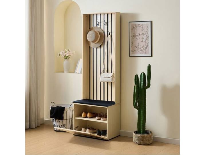 WUVRIE Meuble d'entrée avec banc intégré et rangement à chaussures MDF bois clair