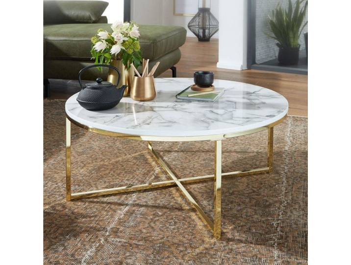 WOHNLING Table Basse Ronde 80x80x36 cm Blanche Effet Marbre Structure Métal