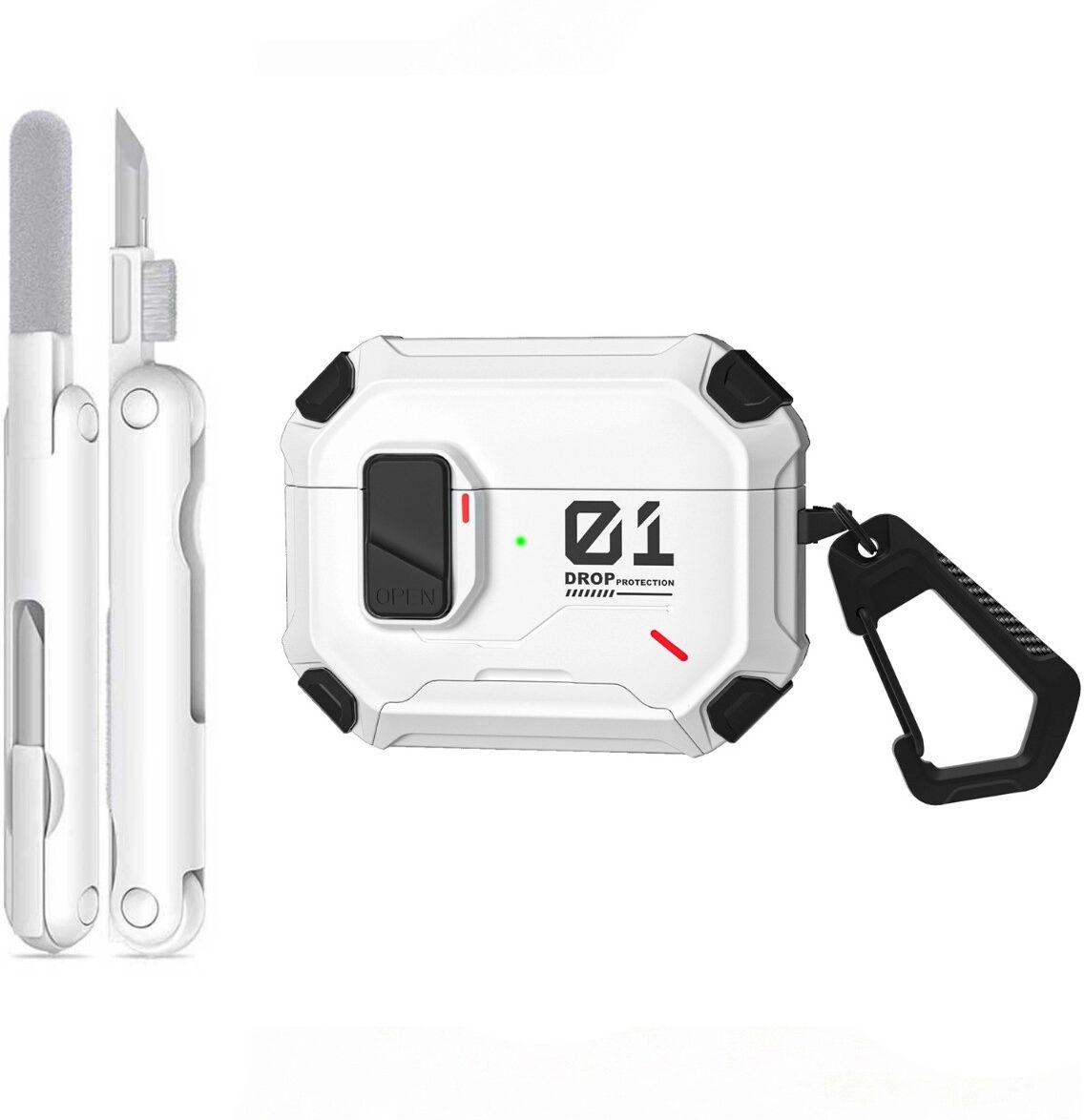 INF Magnetische PC Schutzhülle mit 360° Drehständer, Antischock, kompatibel mit AirPods Pro 2, inkl. Reinigungspinsel x1 Weiß