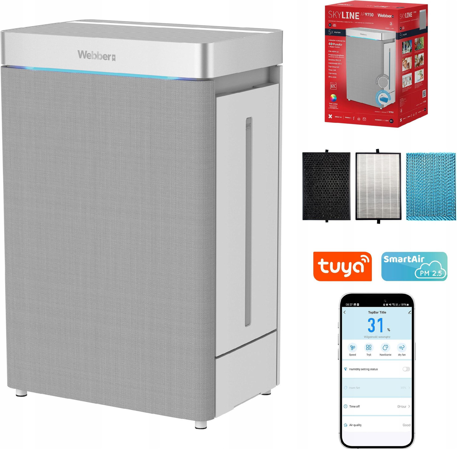 Webber AP9750 SMART AI WIFI Luchtzuiveraar en luchtbevochtiger, 100W, geschikt voor ruimtes tot 57 m²