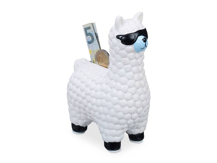 Spardose Lama mit Sonnenbrille Weiss-Hellblau-Schwarz