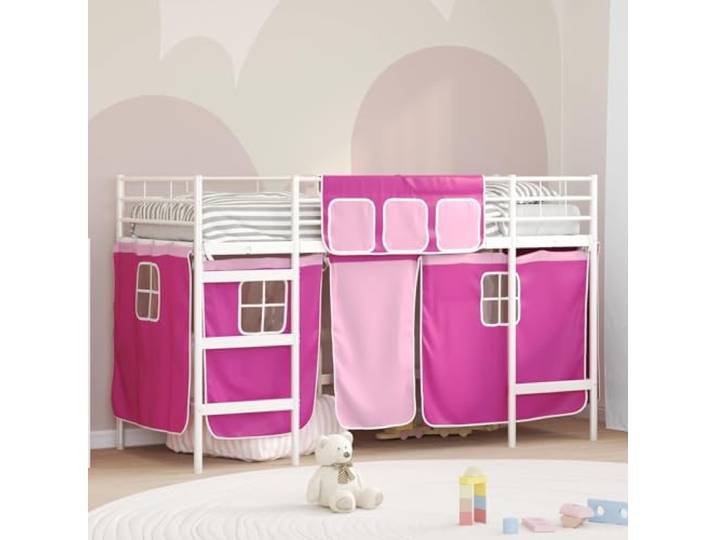 RJPLMFV Hochbett für Kinder, mit Vorhängen, Weiß Robustes Metall, pulverbeschichtet, Kopfteil an der Wand, feste Latten, pflegeleicht