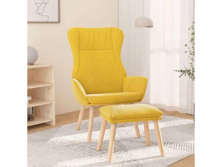 Relaxsessel mit Hocker Senfgelb Stoff, Kautschukholz und Metallgestell Strapazierfähiger Stoff, stabile Holzbeine, robuster Rahmen, inklusive Fußhocker, einfache Montage