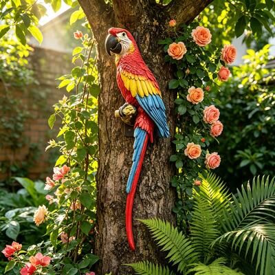 Kodotan sofa Hanging Scarlet Macaw Parrot Statue, 38'' Lifelike Hand-Painted Resin Bird Figurine Weatherproof Outdoor Tropical Sculpture