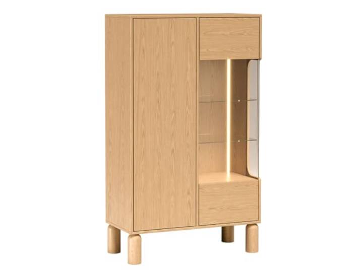 Komodee Vitrine KINSARVIK - Eiche - Hohe Beine - Glaseinlegeböden - Beleuchtung - 89 x 146 x 41 cm