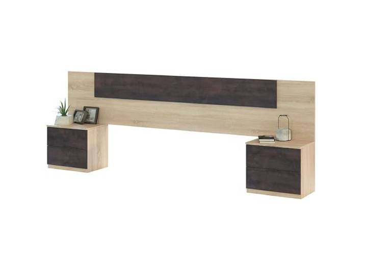 Habitdesign, modernes Kopfteil mit 2 Nachttischen und 4 Schubladen – Schlafzimmer-Set in Kanadischer Eiche & Rostoptik, viel Stauraum, Maße: 247 x 95 x 38 cm (B x H x T), Modell Alaya