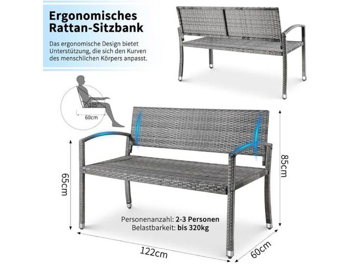 Banc de Jardin en Rotin Banc Extérieur Banc Balcon 2 Places Mobilier de Jardin Rotin Unilatéral 122x60x85cm Gris