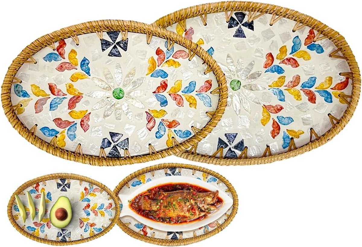 Set van 2 Ovale Rieten Dienbladen - Decoratieve Wicker Opbergmanden voor Fruit, Brood en Keukenorganisatie