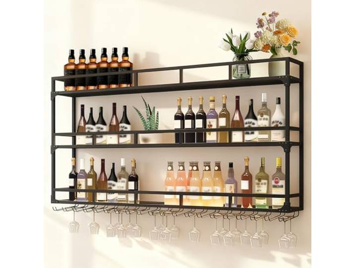 amhricho Weinregal Wand, 3 Ebenen Wand-Weinregale mit Glashalter, Multi funktionaler Weinpareite Display Rack,Weinflaschenhalter Wandmontage, für Zuhause, Bar, Küche, Restaurant (BLACK, 100*25*90cm)