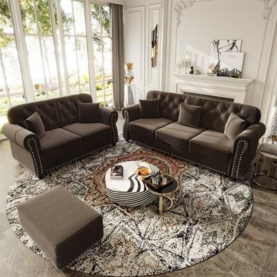 GDFStudio - Mid-Century Modern Chesterfield Sofa Set with Ottoman & Tufted Nailhead Design