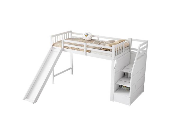 Modfu Hochbett aus Kiefernholz und MDF 90x200 cm Weiß mit Rutsche, Ablageleiter und EN747-Zertifizierung, 90x200 cm, Babymöbel & Kindermöbel, Kinderzimmer & Jugendzimmer, Kinderbetten, Hochbetten