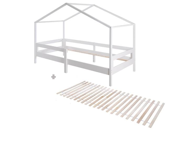 Hausbett 90 x 200 cm mit Seitengitter - Montessori Kinderbett - Holz weiß